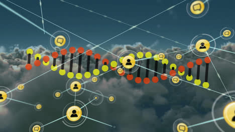 Animation-Des-Netzwerks-Von-Verbindungen-Mit-Menschensymbolen-über-Dem-Spinnen-Von-DNA-Strängen