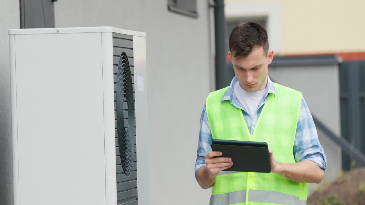 A young engineer sets up a heat pump near a private house. Uses a tablet