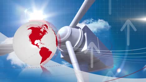 Animation-of-globe,-arrows-and-data-processing-over-wind-turbine