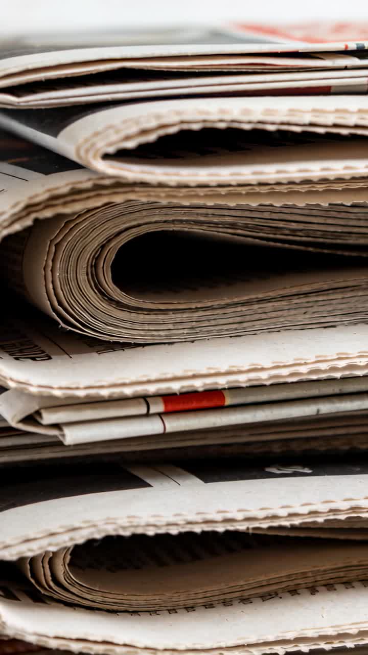 Vertical video: Shifting camera revealing folded newspaper stack on table, showing red-ink strip