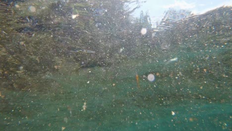 sumergirse en la luz del sol debajo de la superficie ondulada del lago turquesa claro, pedestal bajo el agua en cámara lenta hacia abajo