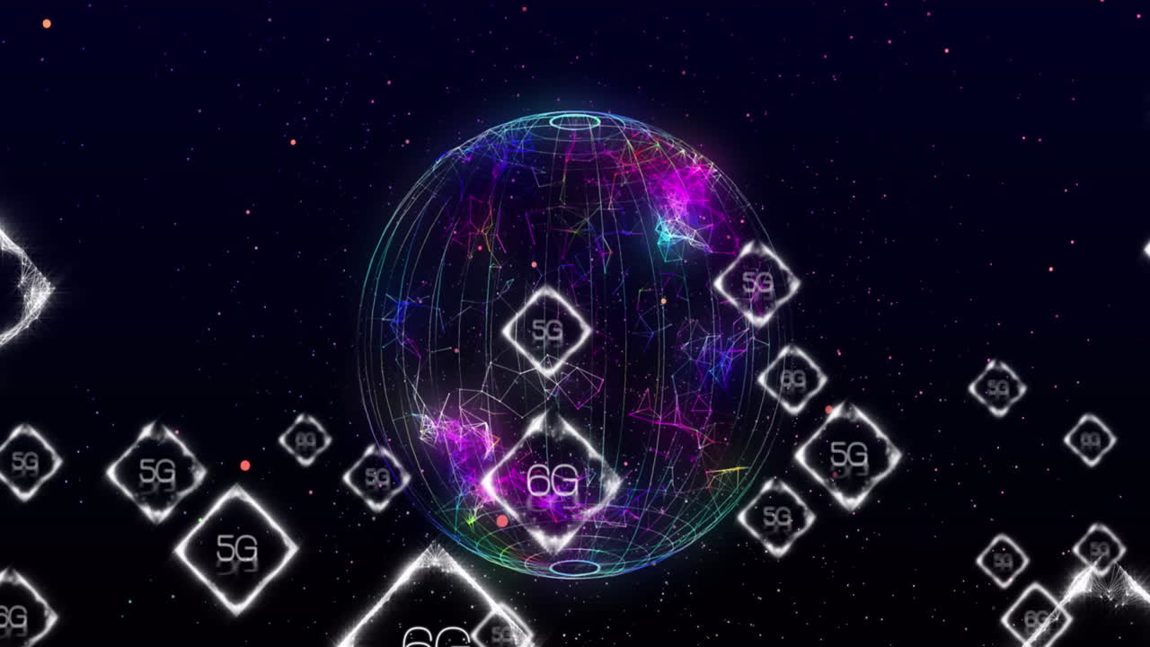 Animation of network of connections with 6g text over globe