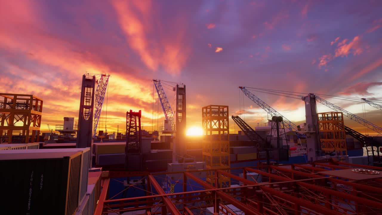 contenedores de envío en puerto con puesta de sol