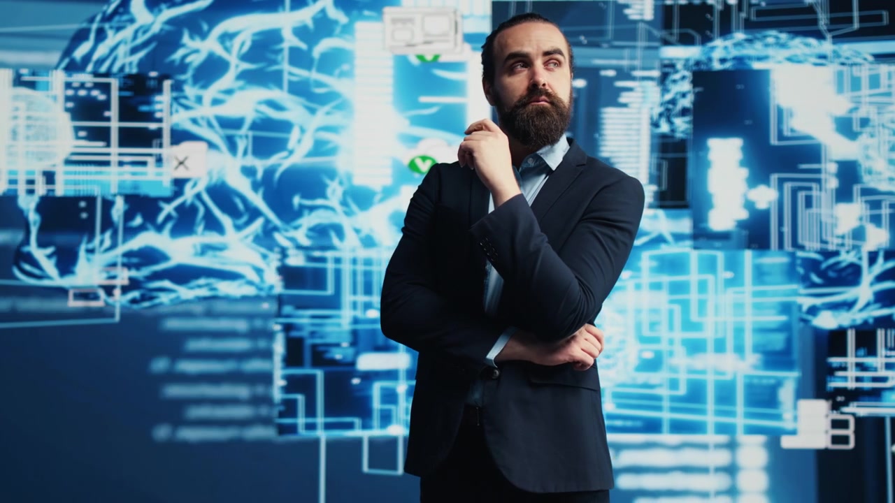 Young businessman connects artificial intelligence with neural networks