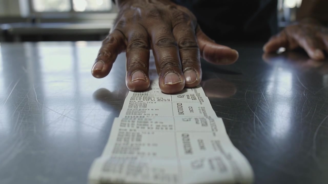 Pressing right hand in dark sleeve sliding folded receipt across scratched counter, showing numbers
