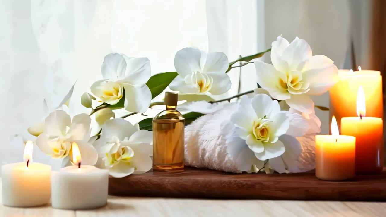 Rahatlatıcı spa temalı bir video, mumları, beyaz orkideleri ve bir havluyu yakın çekim açısıyla sergiliyor.