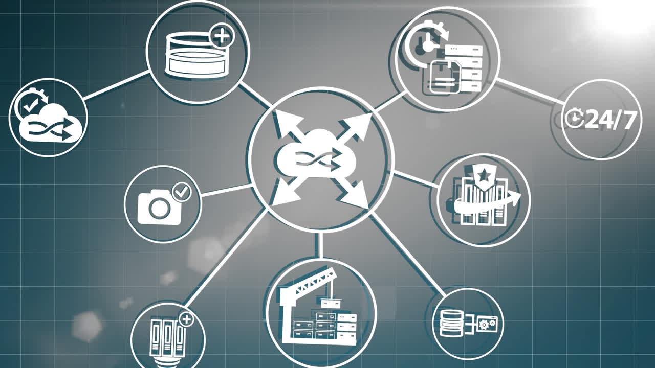 iconos de medios conectados a la nube central en azul