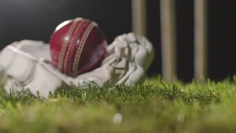 cricket still life with close up of ball lying in glove on grass in front of stumps