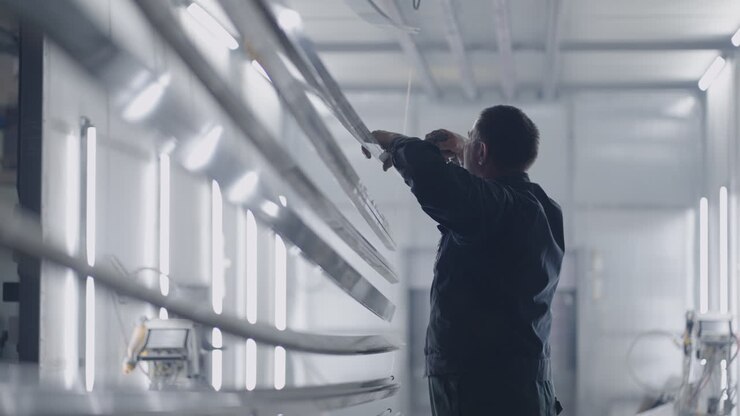 Ritratto di un uomo realizzato da un pittore in un laboratorio di pittura in fabbrica, mentre si prepara a dipingere. Soffio del compressore per rimuovere polvere e sporco. Rallentatore. Preparazione per la verniciatura a polvere.