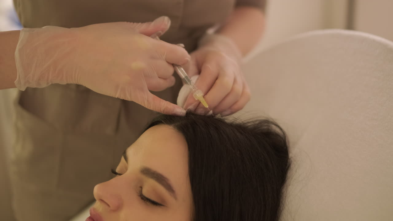 Woman Receiving Hair Mesotherapy Injections on Scalp in Cosmetology Clinic