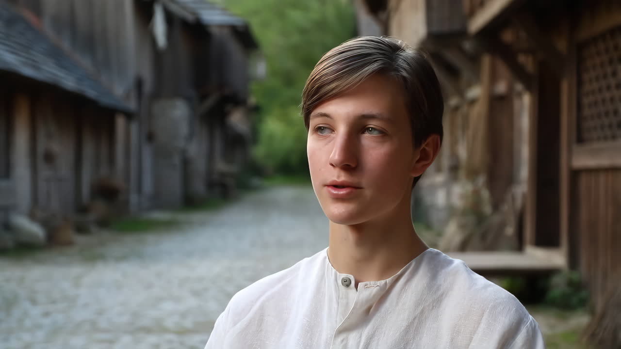A young man in traditional clothing in a historical village setting