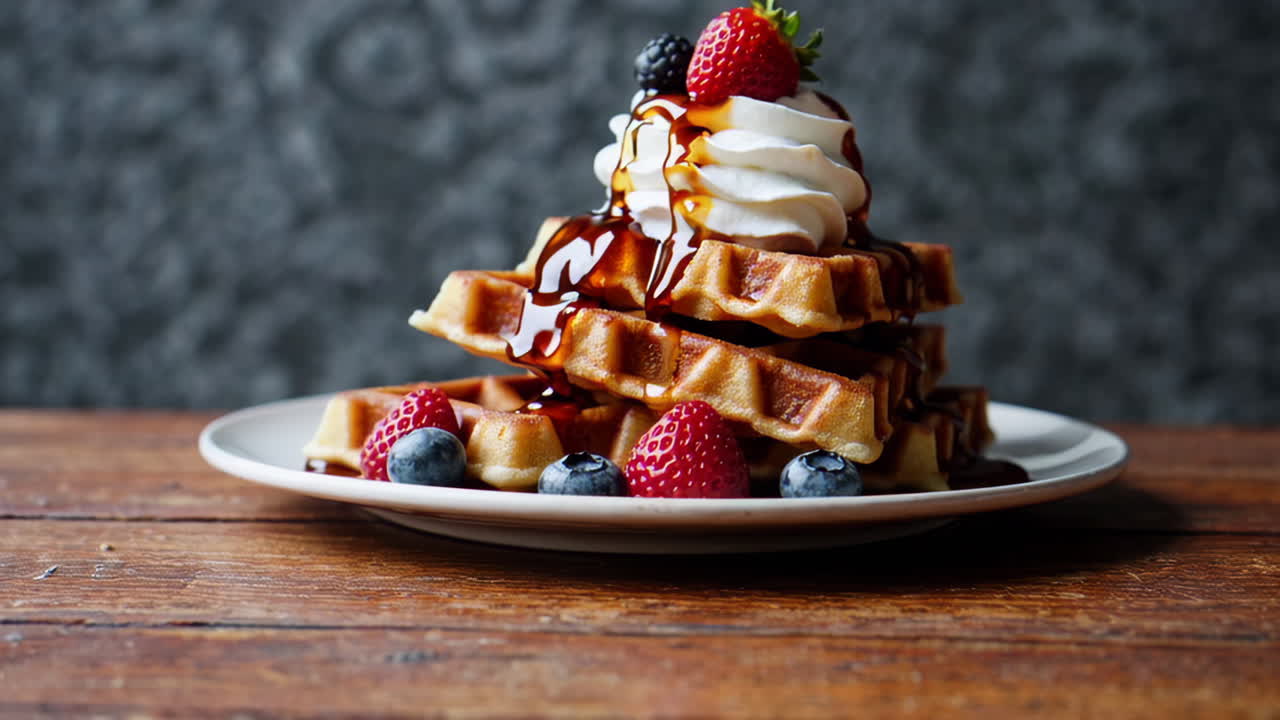 Stack of Waffles with Berries, Whipped Cream, and Syrup