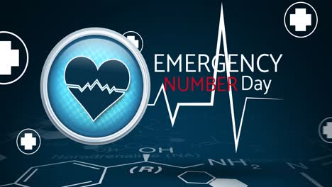 animation of emergency number day text with medical icons on black background