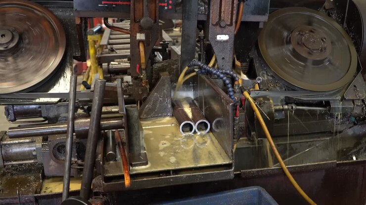 Industrial band saw, cutting metal pipe, coolant in black scene, industrial tools
