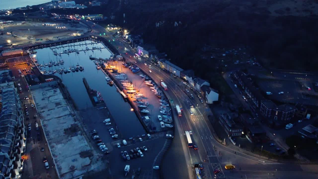 Aerial view of a marina at night