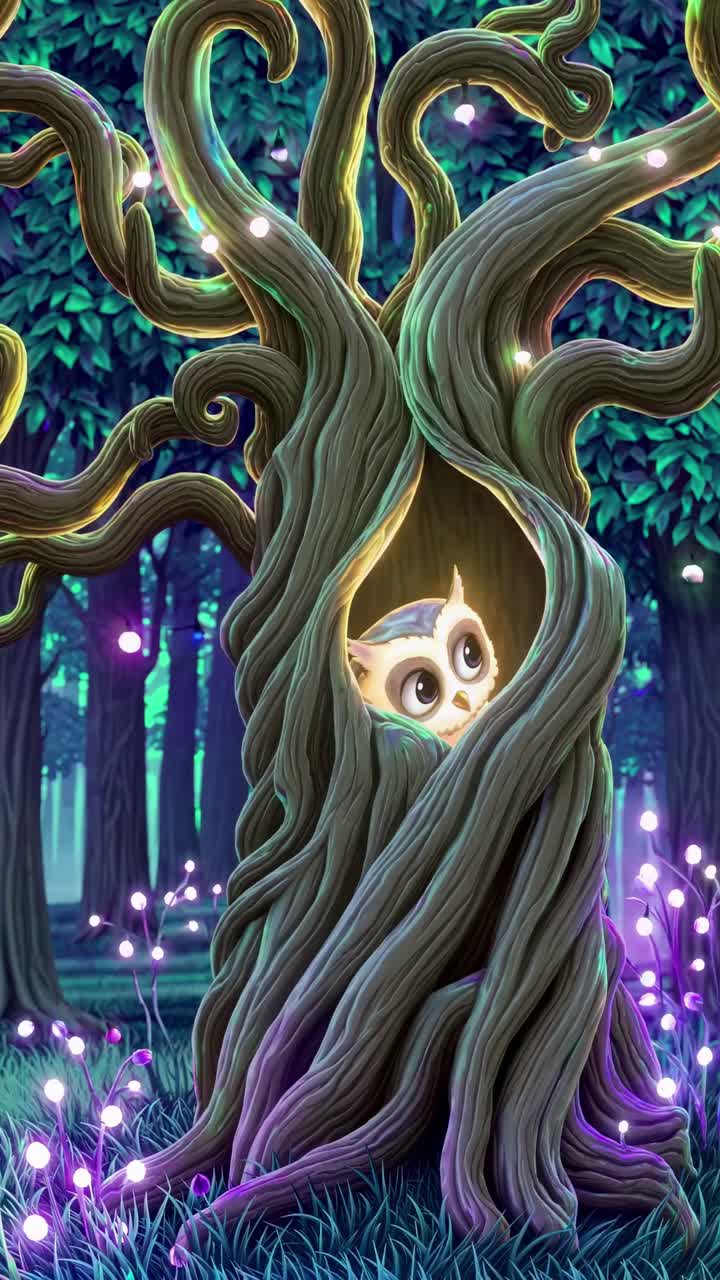A whimsical, animated scene of an owl peeking from a tree hollow, viewed from a low angle