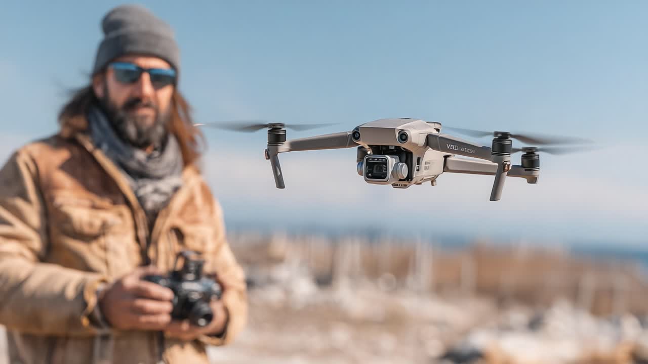 A Drone Pilot Captures Stunning Aerial Footage with a Drone and Camera at a Beautiful Outdoor Location Reflecting Modern Technology and Adventure