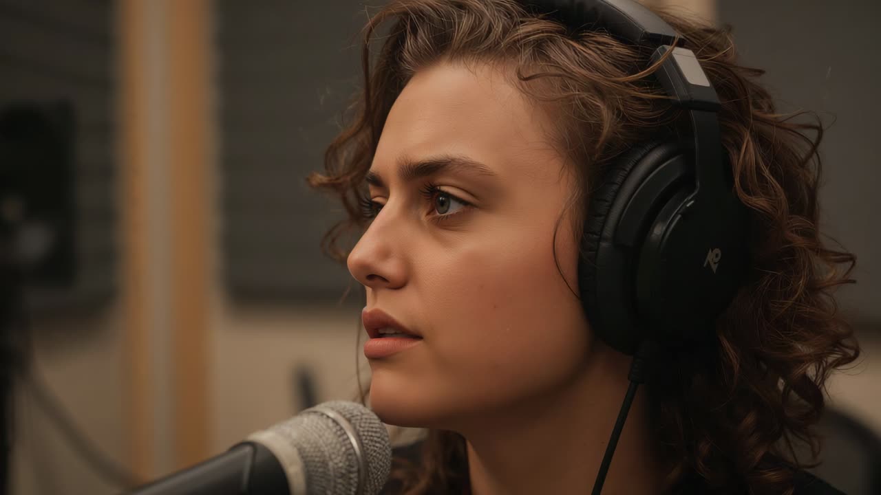 Singing singer starting on cue, into mic then listening in booth, wearing headphones and dark top