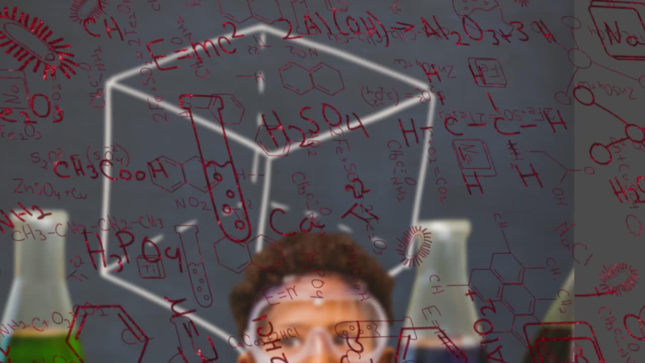 아프리카계 미국인 학교 소년과 비커스 (beakers) 에 대한 화학 공식의 애니메이션.