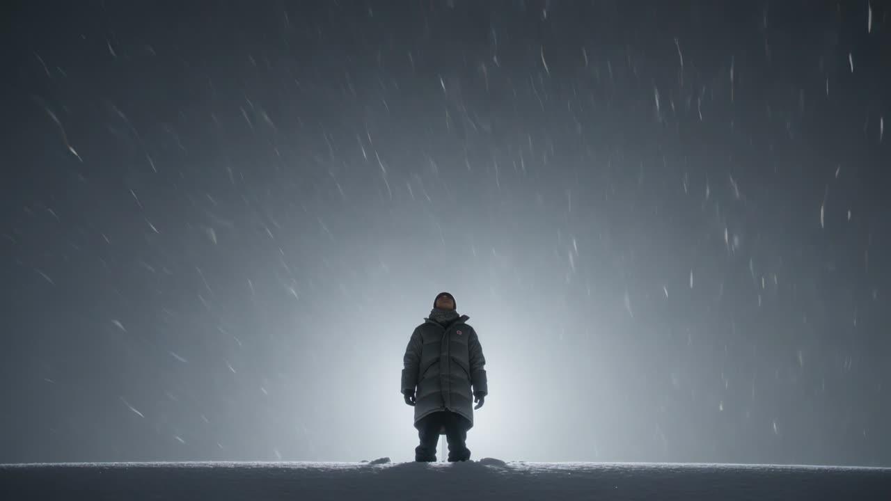 Standing man bracing wind on snow-bank night, wearing parka, boots, gloves, footprints, halo, snow
