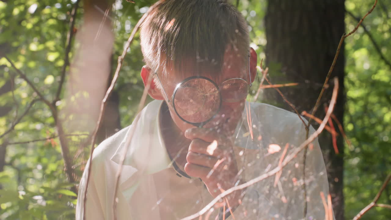 Biologist in white coat closely observing spider web with magnifying glass in dense forest environment, focusing on fragile cobweb structure illuminated by sunlight during ecological