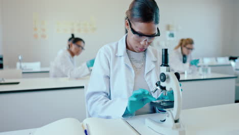 mujer, ciencia y clase con microscopio