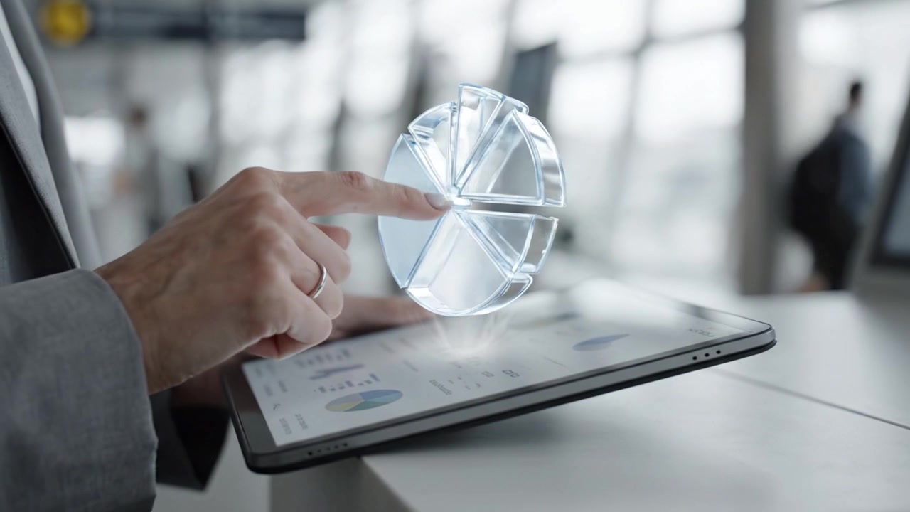 A business professional interacts with a tablet device displaying data visualization, showcasing advanced technology in a modern workspace environment.