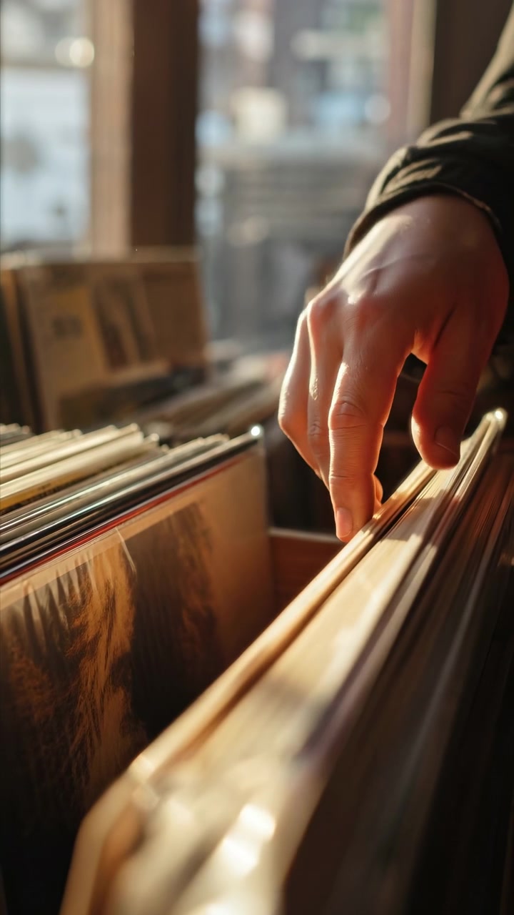 Le dita si muovono costantemente sulle copertine dei dischi in vinile in verticale, separando le copertine mentre cercano in una collezione fittamente imballata in una calda luce interna accanto a una finestra luminosa.