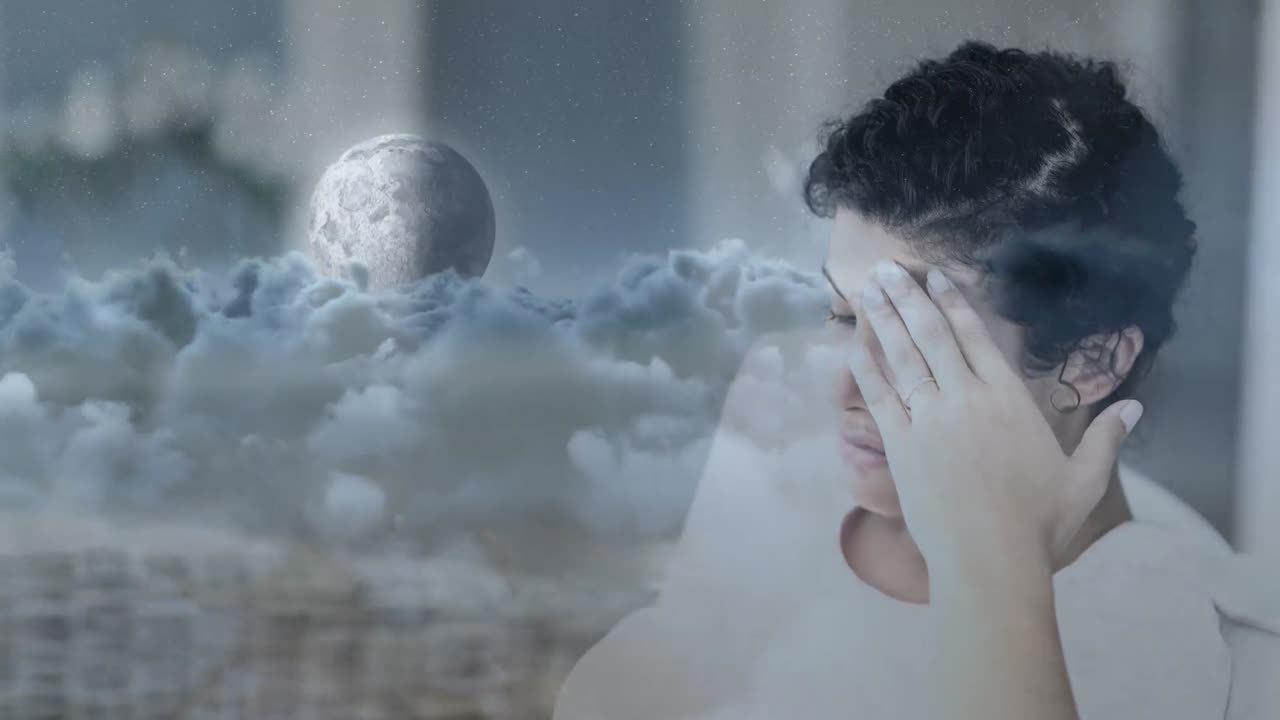 머리에 손을  ⁇ 고 걱정하는 여성의 디지털 애니메이션 4k