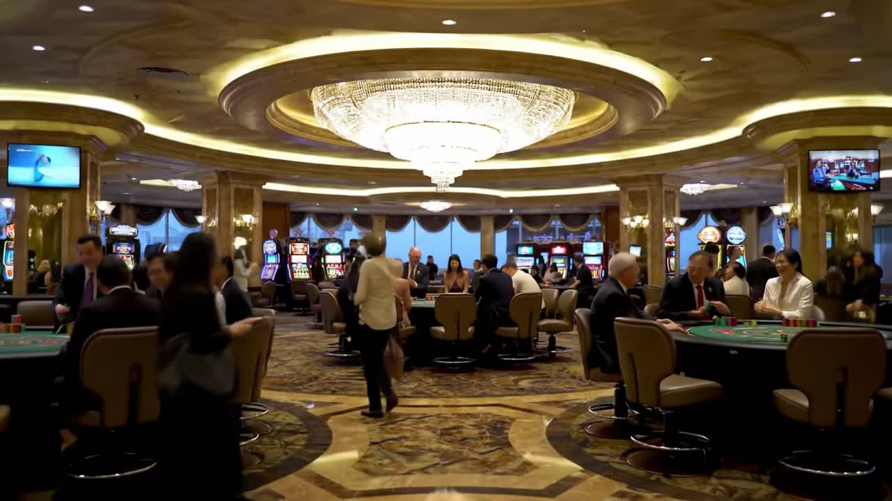 A Luxurious Casino Interior: Bustling Gamblers Engage in Exciting Card Games and Slot Machines Under a Grand Chandelier that Illuminates the Atmosphere
