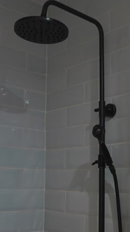 unidad de ducha gris en el baño del hotel. interior de la habitación moderna y lugar para procedimientos de higiene. elementos decorativos en las instalaciones del apartamento de glamping alquilado
