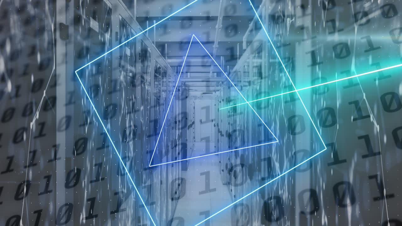 анимация неоновых форм, движущихся по серверной комнате