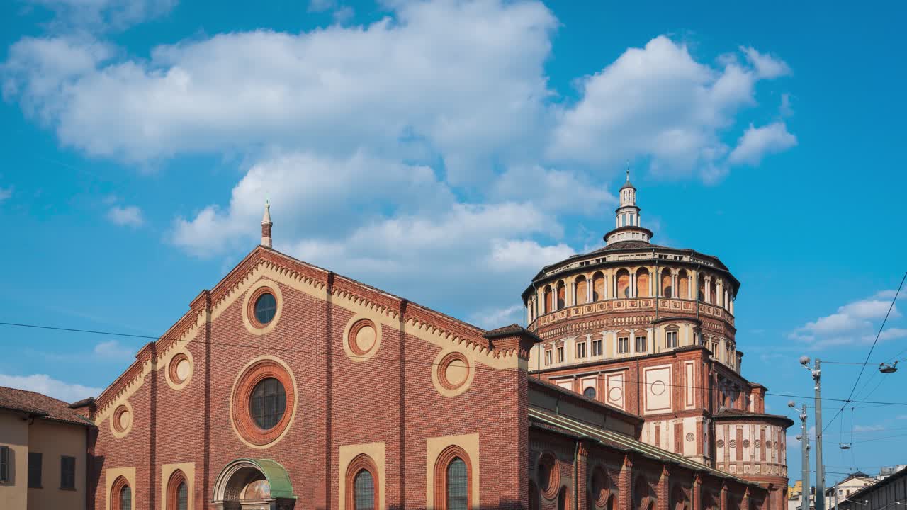timelapse  Church of Holy Mary of Grace (Chiesa di Santa Maria delle Grazie, 1497), This church is famous for hosting Leonardo da Vinci masterpiece "The Last Supper",Milan, Italy.