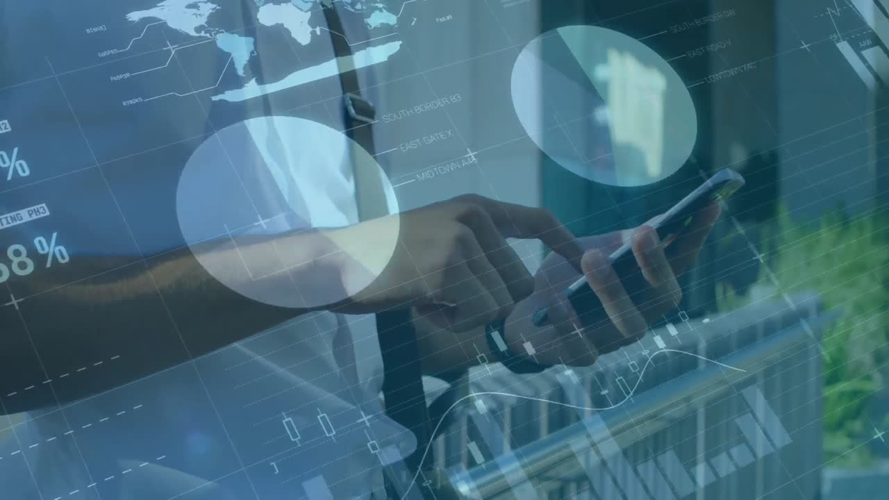 Animation of financial data processing over man using smartphone