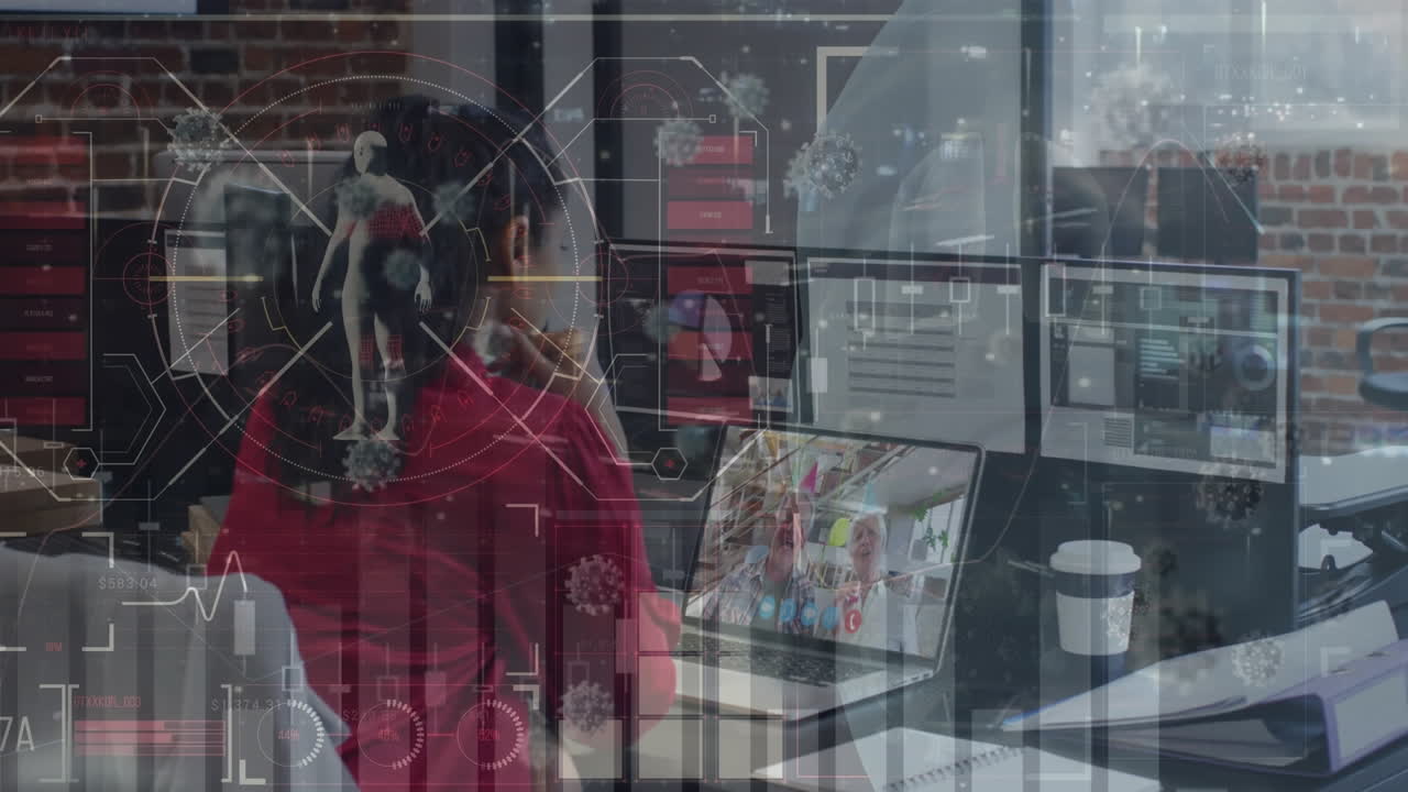 노트북을 사용하는 백인 여성에 대한 데이터 처리 애니메이션