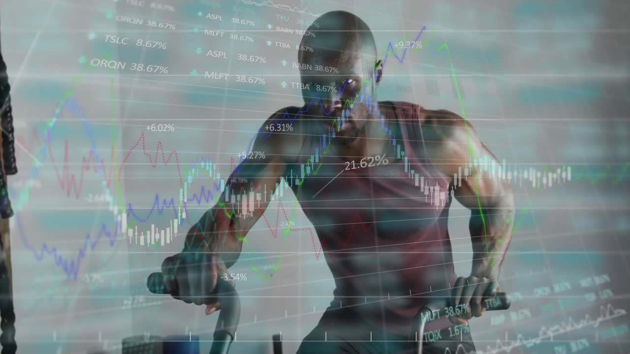 Man gripping handlebars and pedaling, initiating fitness data HUD with charts tracking performance