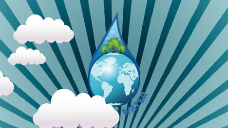 animación de una gota de agua con globo y árboles en el interior, sobre un fondo de cielo nublado de rayas azules
