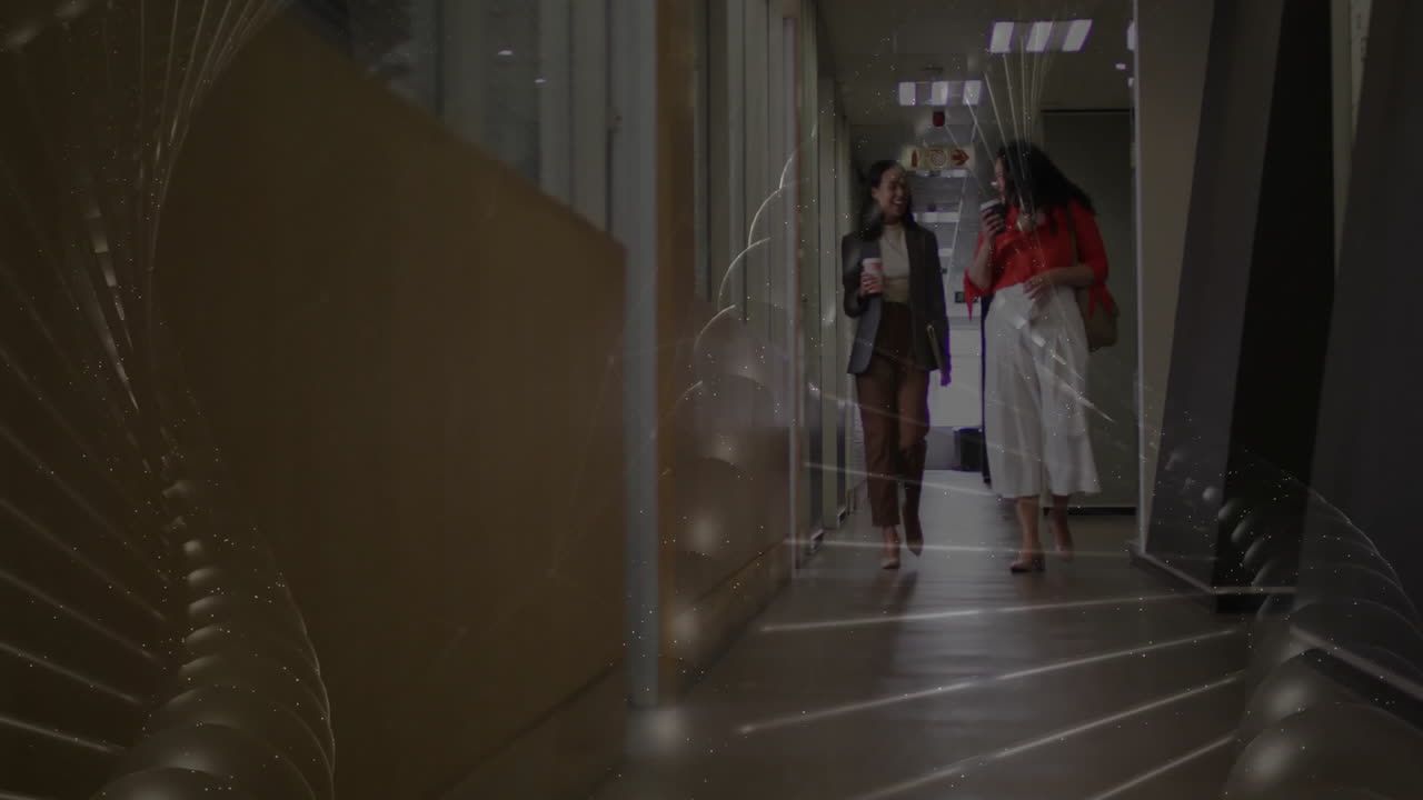 Two colleagues walking through business corridor, with animated charts floating above coffee cups