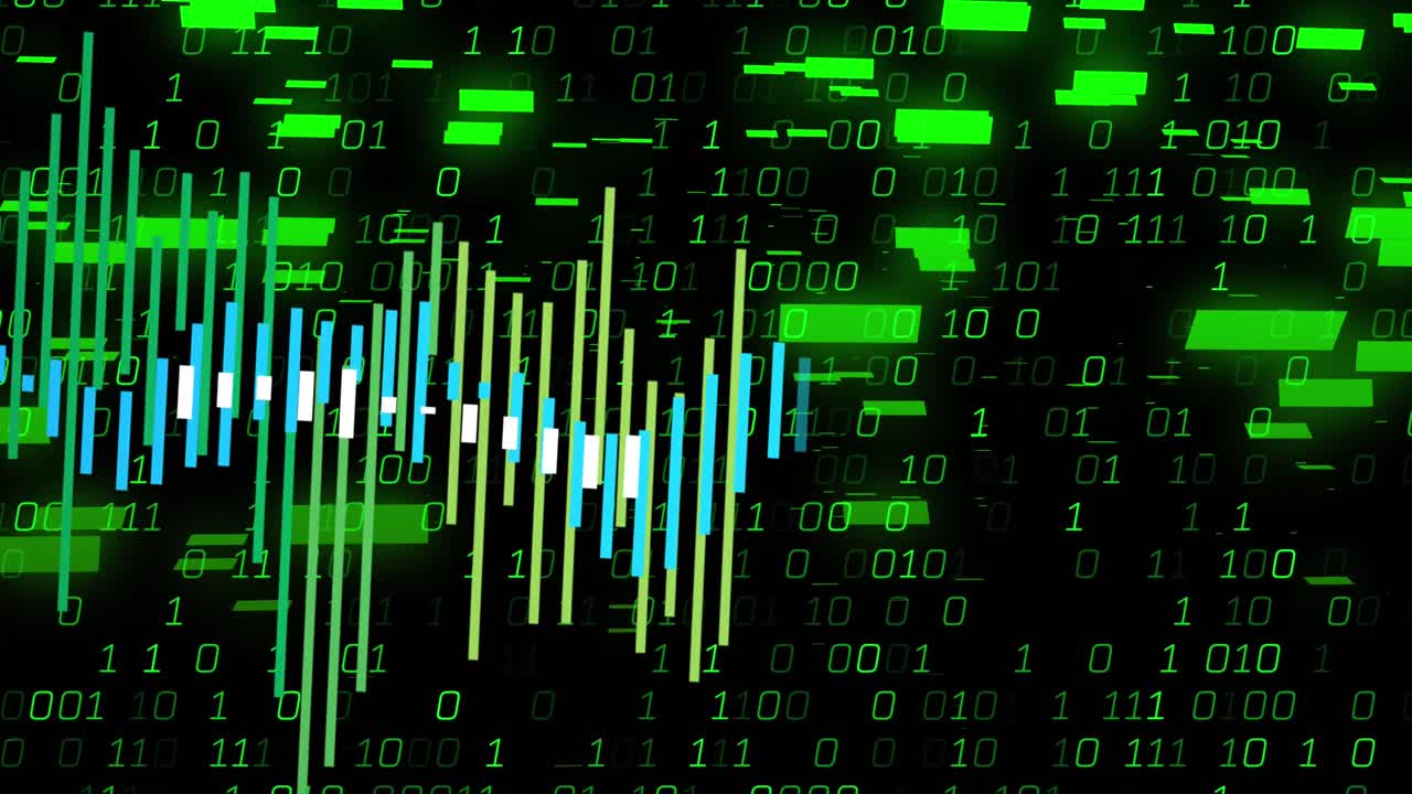 Animation of financial data processing and binary coding over black background