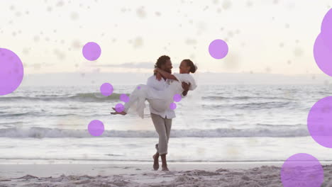 Animation-of-light-spots-over-african-american-couple-getting-married-on-beach