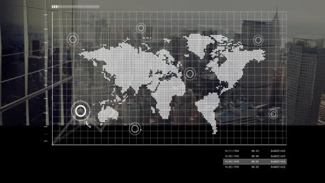digital grid overlay and data points on world map with cityscape background