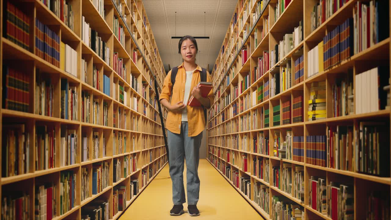 cuerpo lleno de estudiante mujer asiática con una mochila y algunos libros sonriendo y flexionando su bíceps mientras estaba de pie en la biblioteca