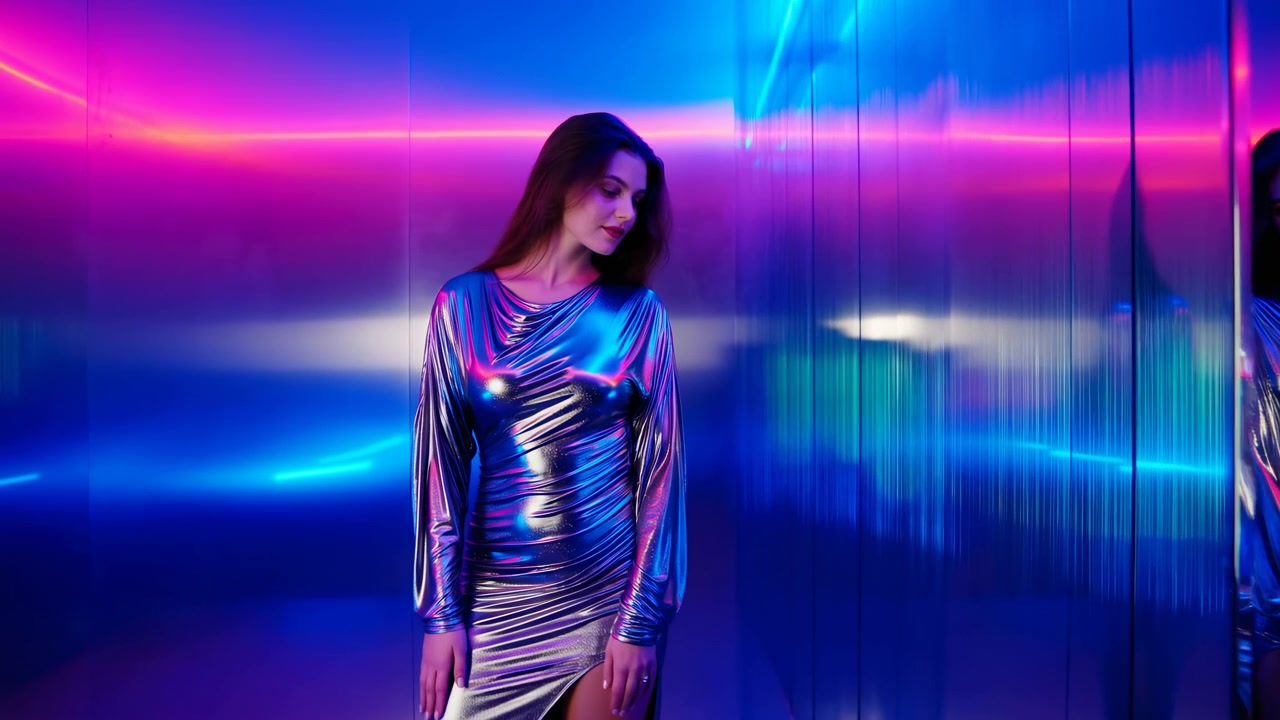 Donna caucasica in abito metallico posa contro un corridoio neon a specchio, pareti cromate riflettenti che proiettano blu.