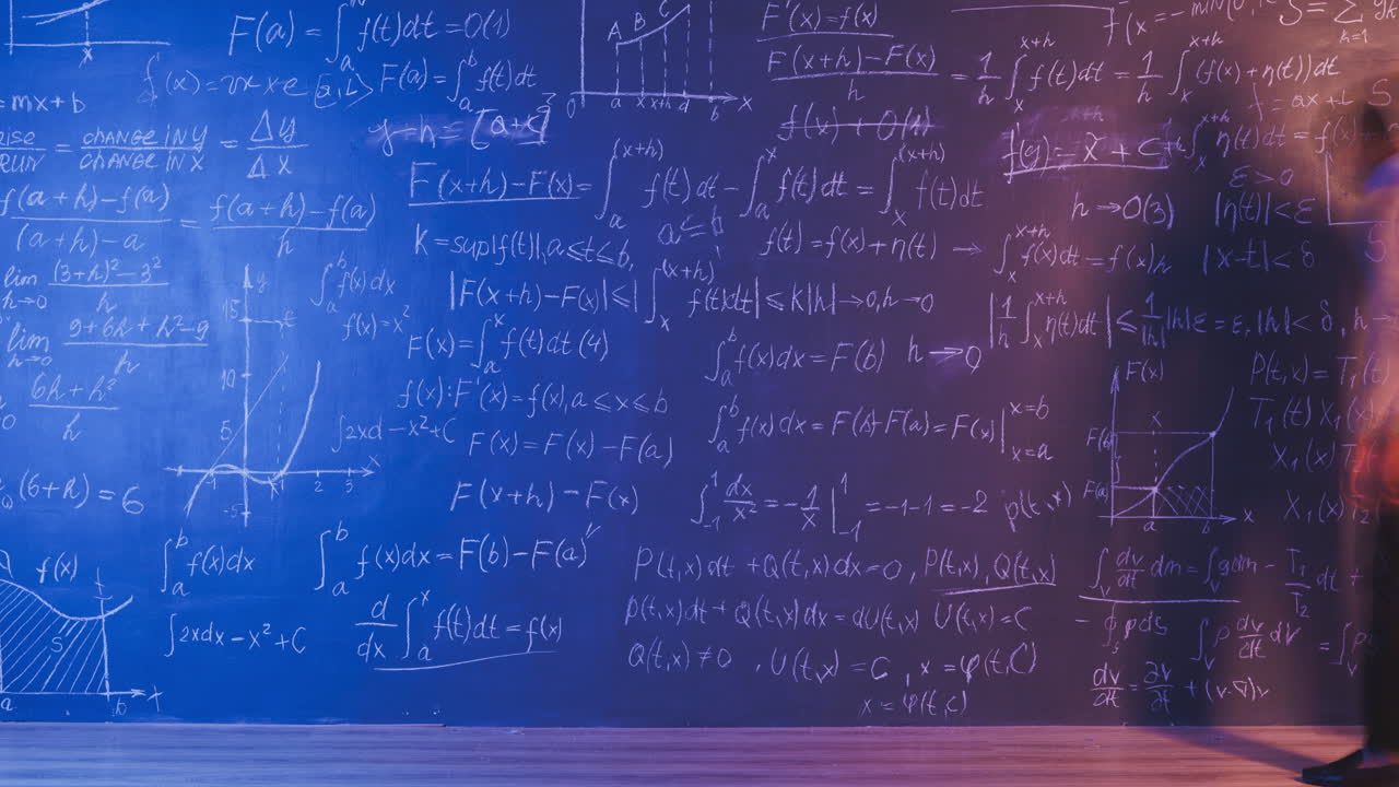 Student Studying Complex Mathematical Equations on a Chalkboard