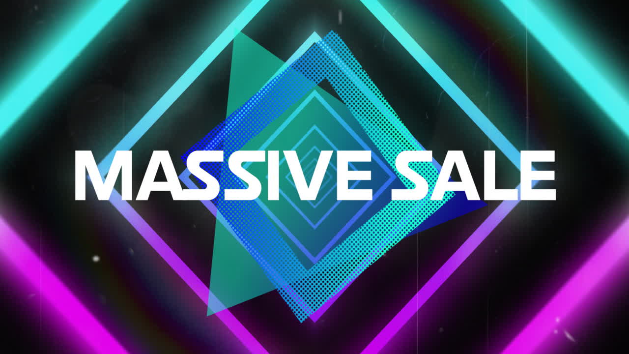 animación de texto de venta masiva sobre fondo de patrón vibrante de neón