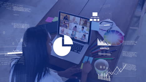 Animation of data processing and diagrams over diverse female teacher and students having video call