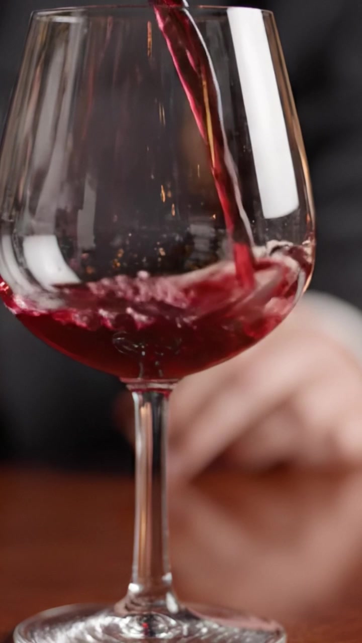 Scena elegante di versamento del vino: che cattura l'arte del vino rosso versato in un bicchiere, evidenziando il colore intenso e i riflessi su una superficie lucida.