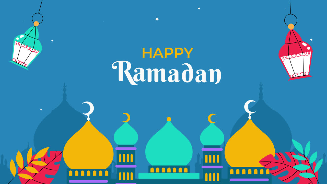 ilustración de feliz ramadán con mezquitas y linternas