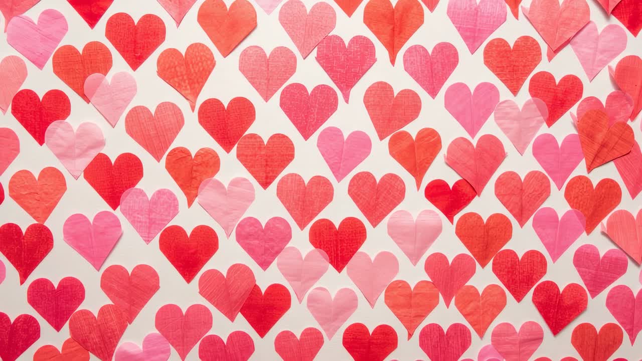 Scorrimento della camera che rivela cuori di carta piastrellati su una lavagna bianca in studio che crea una vista angolare piegata