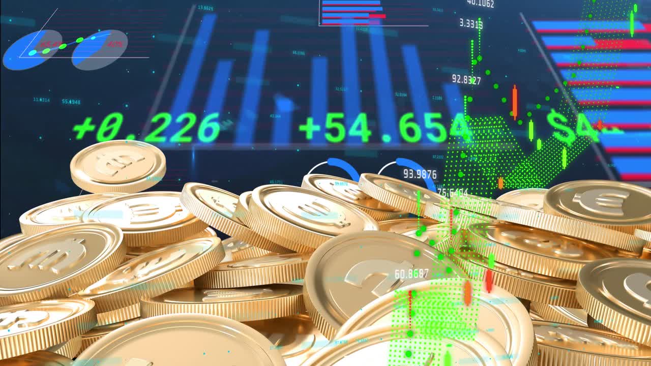 ユーロ金貨を背景にした金融データ処理のアニメーション